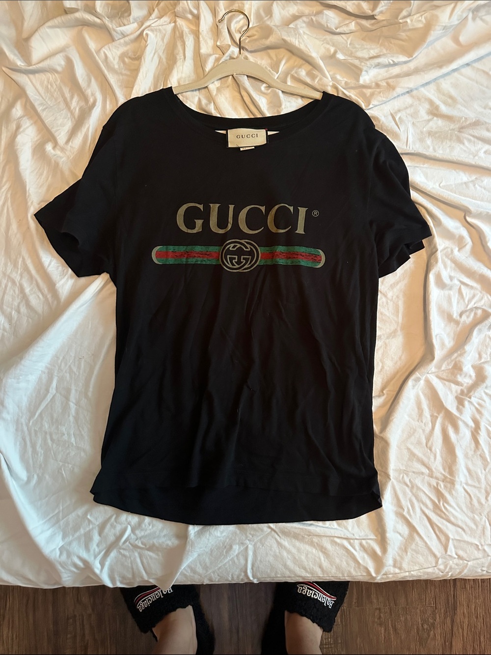 Gucci Black Logo Tee with Signature Green-Red Stripe